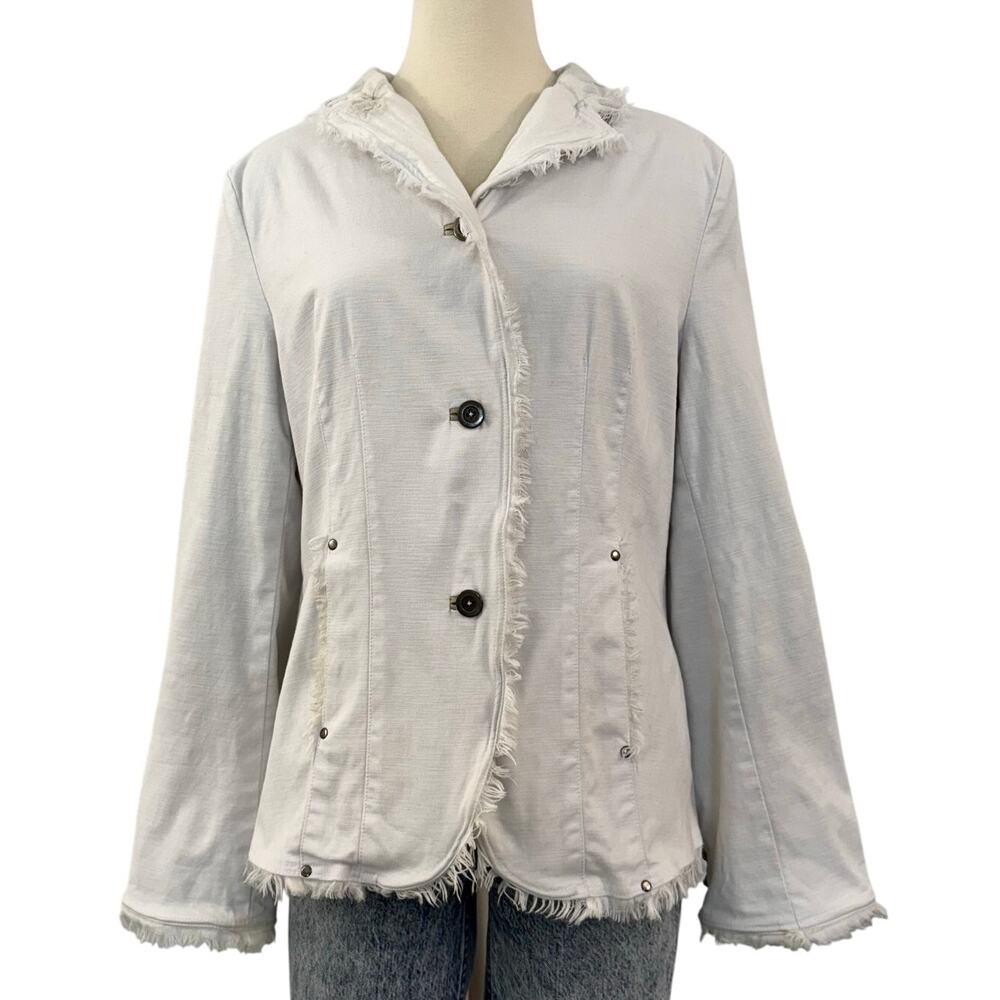 Jakett New York Cotton Blazer Jacket Off-White Long Sleeve Frayed Edge Size L